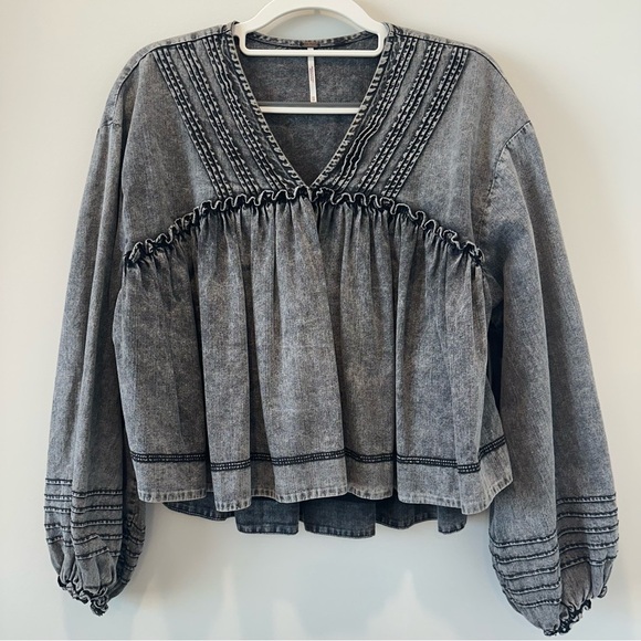 We The Free Free People charlotte smock top washed denim black peplum blouse top - Picture 2 of 15